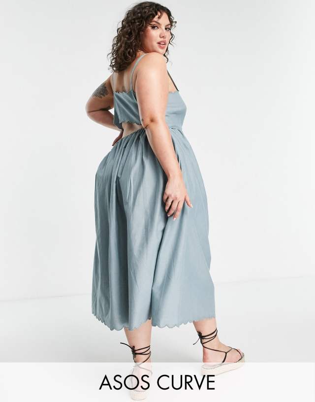 ASOS DESIGN Curve scallop edge cut out back midi sundress in duck egg blue