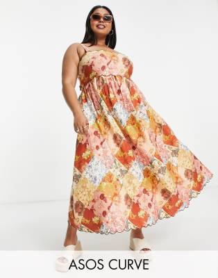 Plus-size dress by ASOS DESIGN The scroll is over Patchwork floral print Square neck Fixed straps Scallop trims Regular fit