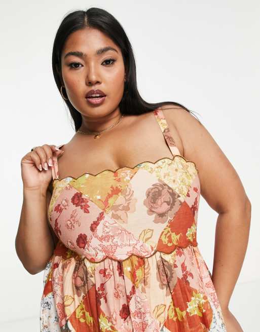 ASOS DESIGN Curve scallop edge cut out back midi sundress in patchwork floral , 2 of 4