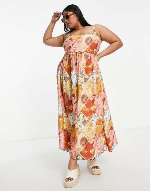 ASOS DESIGN Curve scallop edge cut out back midi sundress in patchwork floral , 4 of 4