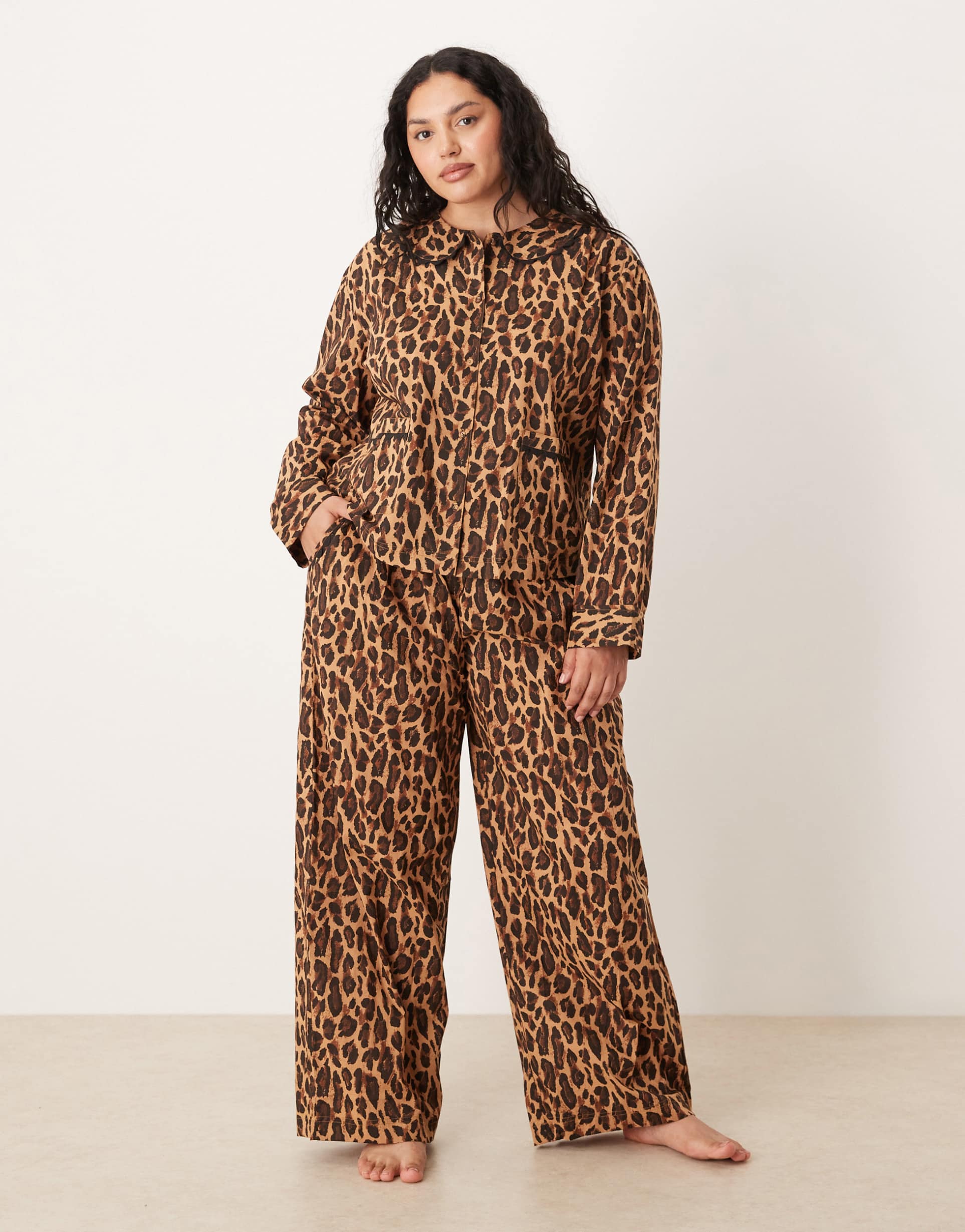 asos design curve scallop edges woven shirt and pants pajama set in leopard print