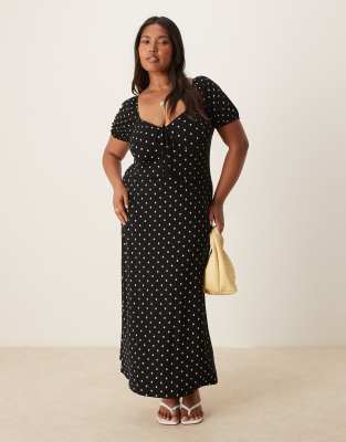 ASOS DESIGN Curve scalloped collar puff sleeve seam detail midi tea dress in black and white polka dots-Multi