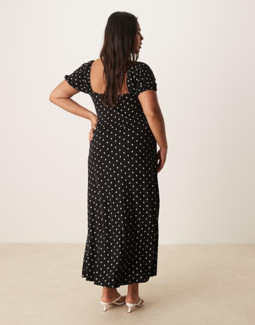 ASOS DESIGN Curve scalloped collar puff sleeve seam detail midi tea dress in black and white polka dots