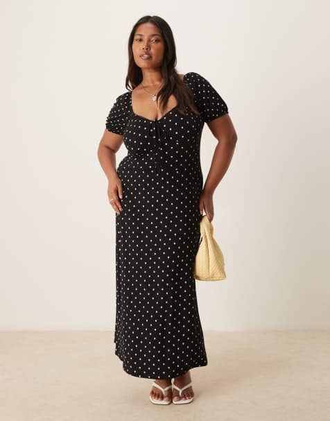 ASOS DESIGN Curve scalloped collar puff sleeve seam detail midi tea dress in mono spot - view 1