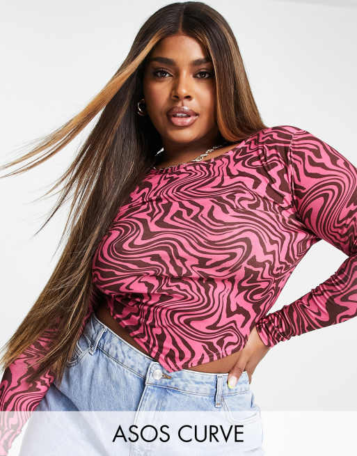 ASOS DESIGN Curve scarf hem top in pink marble print