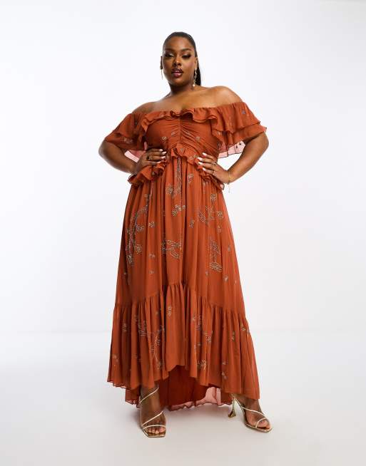 ASOS DESIGN Curve scatter embellished ruffle off shoulder cut out midi dress in rust