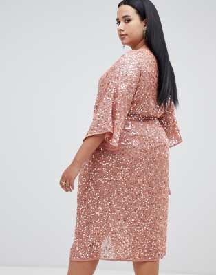 asos design curve scatter sequin knot front kimono midi dress