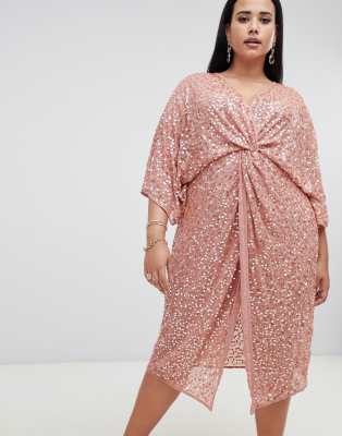 asos design curve scatter sequin knot front kimono midi dress