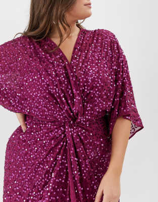 asos design curve scatter sequin knot front kimono midi dress