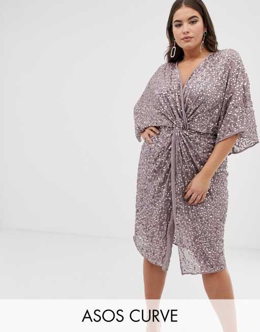 ASOS DESIGN Curve scatter sequin knot front kimono midi dress | ASOS