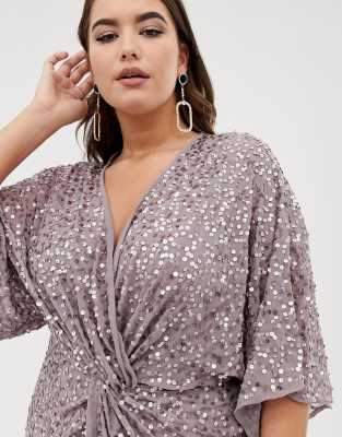 asos design curve scatter sequin knot front kimono midi dress