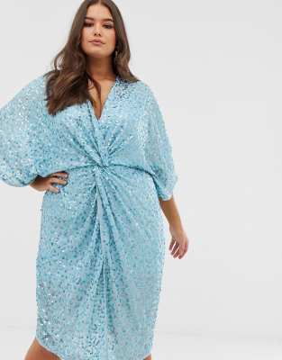 asos design curve scatter sequin knot front kimono midi dress