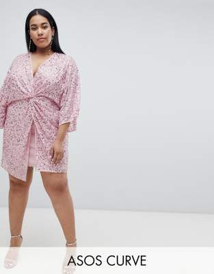 Asos design curve scatter sequin knot front kimono midi 2024 dress