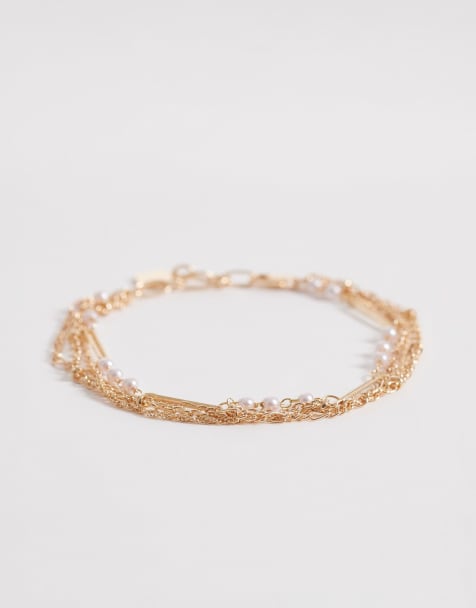 ASOS DESIGN Curve - Schakelarmband met meerdere rijen en imitatieparels in goudkleur - view 1