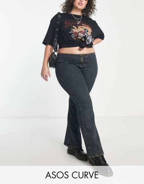 ASOS DESIGN Curve – Schlagjeans in Blau mit mittelhohem Bund und Nadelstreifen - view 1