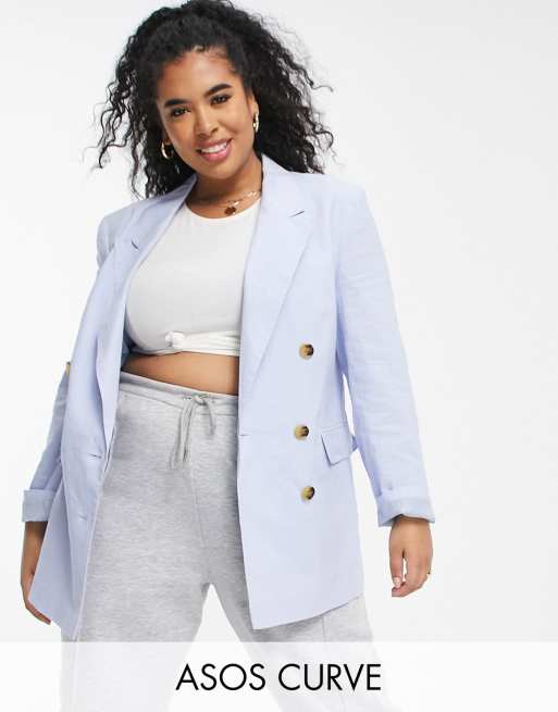 ASOS DESIGN Curve – Schlichter, zweireihiger Anzugblazer aus Leinen in Blau