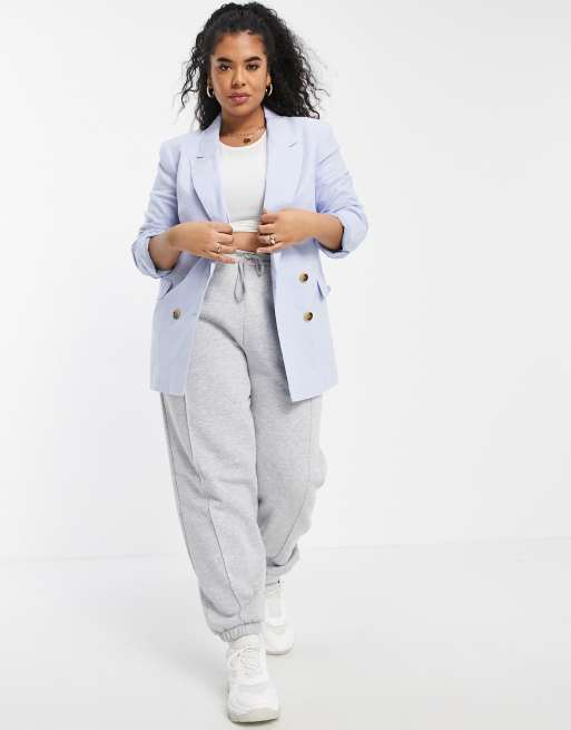 ASOS DESIGN Curve – Schlichter, zweireihiger Anzugblazer aus Leinen in Blau, 4 von 4