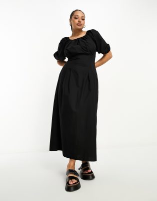 ASOS DESIGN Curve - Schlichtes, schulterfreies Baumwoll-Maxikleid in Schwarz mit Korsett-Taille