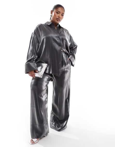 ASOS DESIGN Curve – Schlupfhose aus Satin in Silber, Kombiteil - view 1