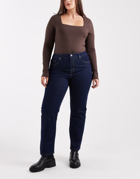 ASOS DESIGN Curve – Schmale Straight Jeans in Rinse-Waschung mit hohem Bund - view 1