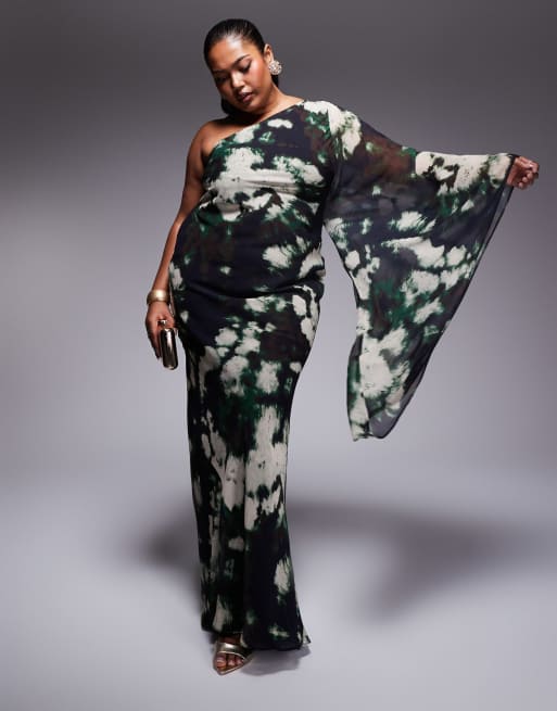 ASOS DESIGN Curve - Schuingesneden maxi jurk met blote schouder en abstracte print
