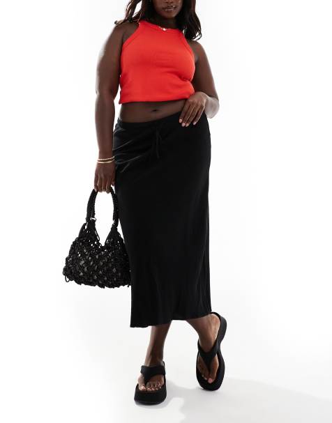 ASOS DESIGN Curve - Schuingesneden midi-rok van linnenblend met gestrikte taille in zwart - view 1
