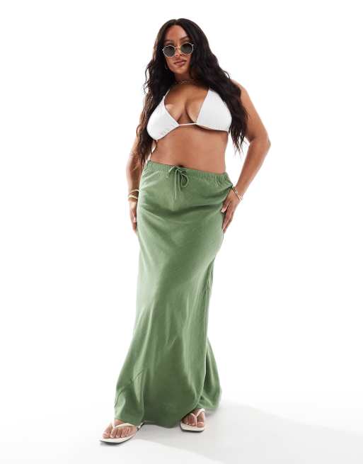 ASOS DESIGN Curve - Schuingesneden midirok met linnenlook en gestrikte taille in kaki