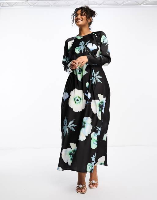 ASOS DESIGN Curve - Schuingesneden satijnen maxi jurk met knoopdetail in zwart met bloemenprint