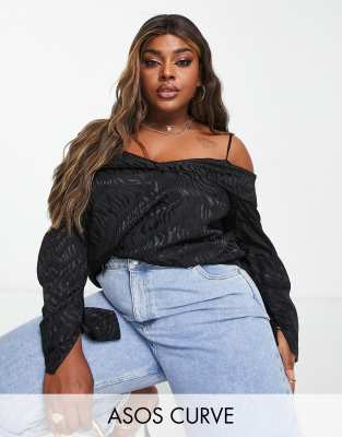 ASOS DESIGN Curve - Schulterfreie Bluse in Schwarz mit Jacquard-Tigermuster