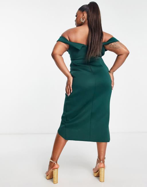 ASOS DESIGN Curve – Schulterfreies Korsett-Midikleid in Tannengrün mit Wickelrock, 2 von 4