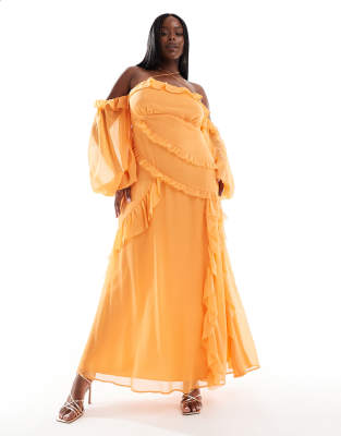 ASOS DESIGN Curve - Schulterfreies Maxikleid in Orange mit überkreuztem Ausschnitt und Rüschen