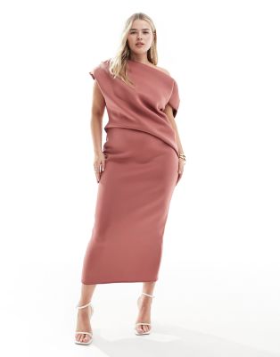 ASOS DESIGN Curve - Schulterfreies Midi-Bleistiftkleid in roséfarbener Neoprenoptik mit Faltendetail in der Taille-Rosa