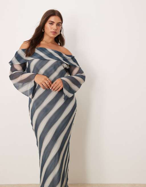 ASOS DESIGN Curve – Schulterfreies Midikleid in Blau gestreift mit umgeschlagenem Ausschnitt, 4 von 4