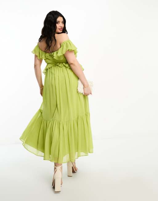 ASOS DESIGN Curve – Schulterfreies Midikleid in Olivgrün mit Rüschen und Zierausschnitt, 2 von 4