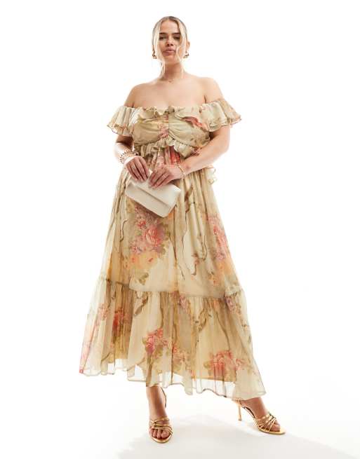 ASOS DESIGN Curve Schulterfreies Midikleid in Patchwork Blumenprint mit Ruschen und Zierausschnitt