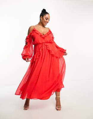 ASOS DESIGN Curve - Schulterfreies Midikleid in Rot mit Rüschen