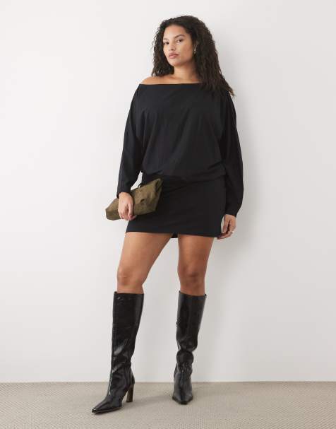 ASOS DESIGN Curve schulterfreies Mini-Kleid mit Fledermausärmeln in Schwarz - view 1