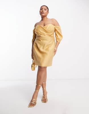 ASOS DESIGN Curve - Schulterfreies Minikleid in verwaschenem Steinbeige mit Faltendetails und gewickelter Brustpartie-Ne...