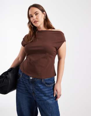 ASOS DESIGN Curve - Schulterfreies Oberteil aus Baumwolle in Schokobraun-Schwarz