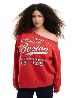 ASOS DESIGN Curve - Schulterfreies Sweatshirt in Rot mit „Boston"-Grafik