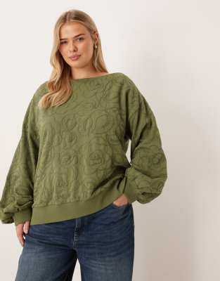 ASOS DESIGN Curve - Schulterfreies Sweatshirt in verwaschenem Khaki mit Stickerei-Rot