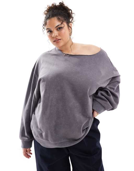 ASOS DESIGN Curve – Schulterfreies Sweatshirt in verwaschenem Schiefergrau