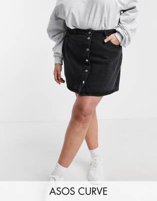 Asos Design Curve Schwarzer Jeansrock Mit Knopfleiste Asos