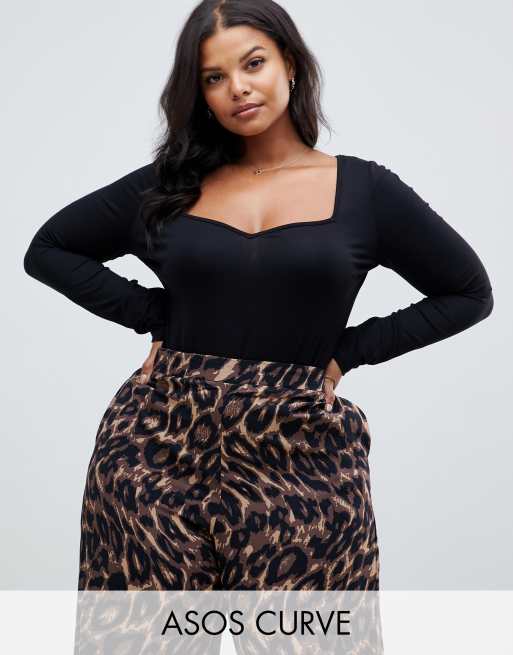 ASOS DESIGN Curve – Schwarzer, langärmliger Bodysuit mit Sweetheart-Ausschnitt