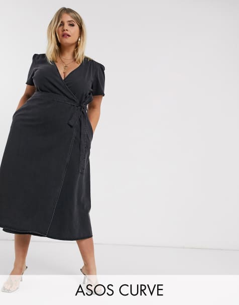 ASOS DESIGN Curve – Schwarzes Midikleid aus Denim mit Wickeloptik