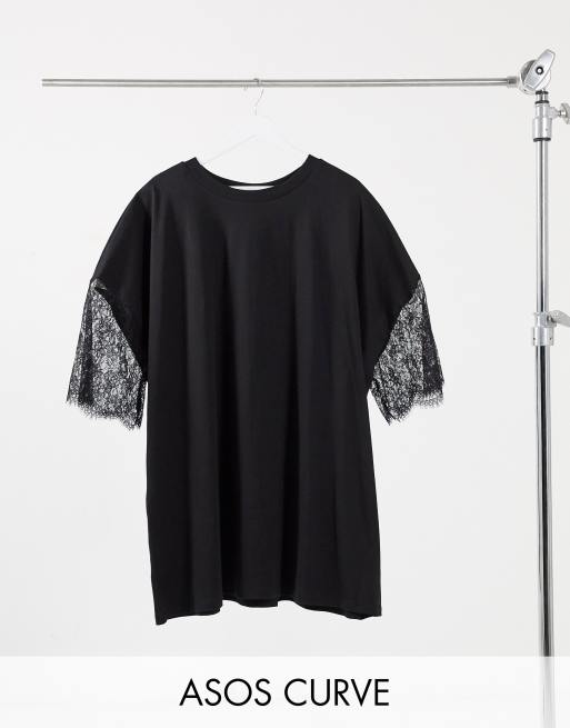 ASOS DESIGN Curve – Schwarzes T-Shirt-Kleid mit Spitze in Oversize-Passform