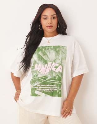ASOS DESIGN Curve - Schweres Oversize-T-Shirt in Creme mit „Jamaica"-Aufdruck-Weiß