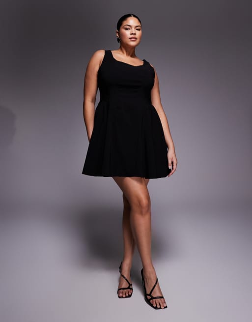 ASOS DESIGN Curve – Schwingendes Bengaline-Minikleid in Schwarz mit U-Ausschnitt und Strukturmuster, 2 von 4