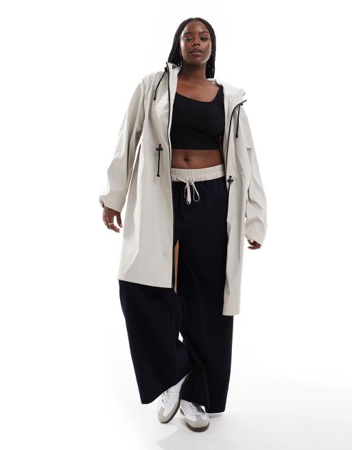 ASOS DESIGN Curve – Ściągana na sznurki gumowana parka o wydłużonym fasonie w neutralnym kolorze