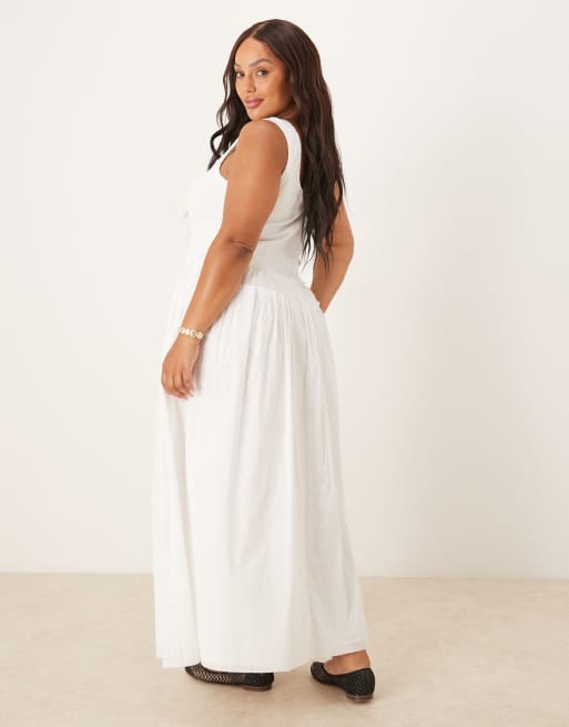 ASOS DESIGN Curve scoop button ribbed bodice with poplin skirt maxi dress in white